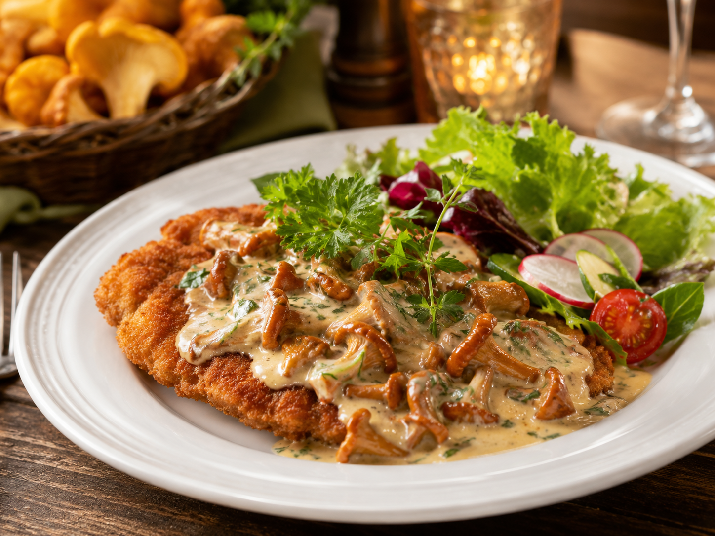 Schweineschnitzel mit Pfifferlingen in Rahm im Restaurant Möwchen